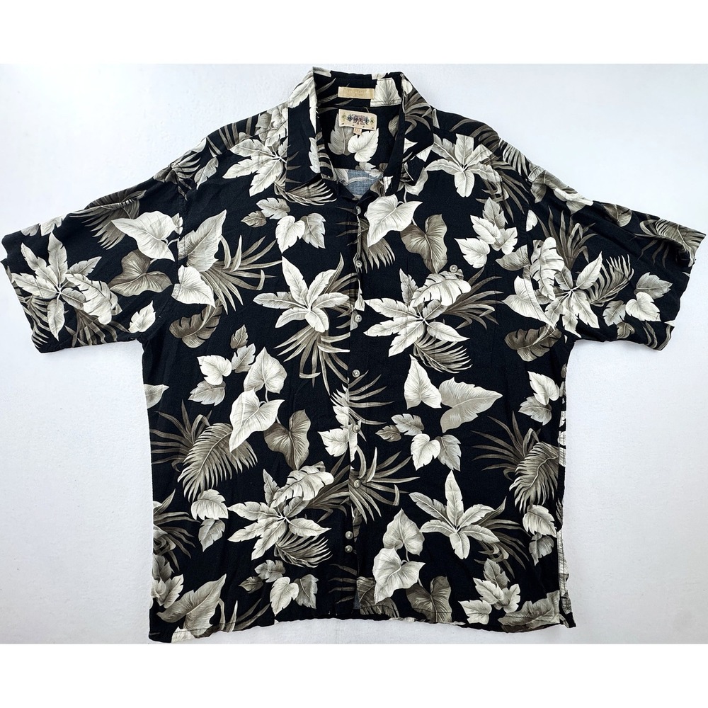 Campia Moda Shirt Mens XXL Black Tan Tropical Rayon Vintage Aloha Button‎ Down